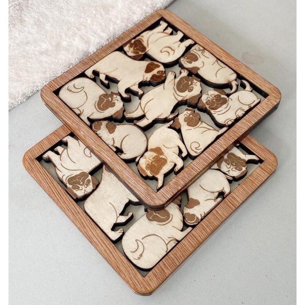 Pug Dog Wood Square Coaster Set with Holder, 2 Sets = 4 Fun Puzzle Coasters